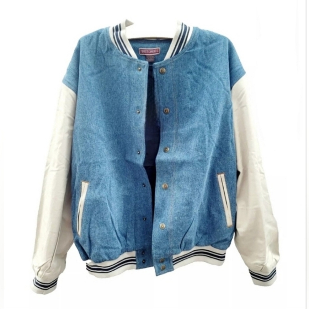 VTG 90s First Choice Men Premium Denim Varsity Bomber Jacket NWOT